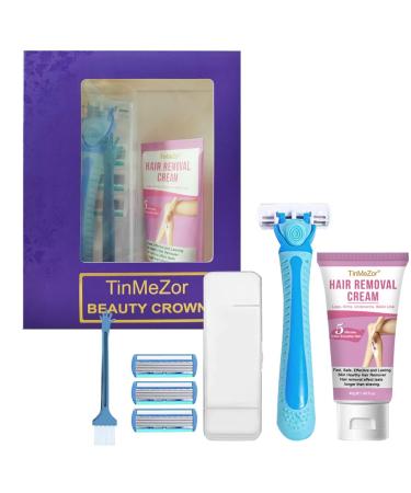 Razors For Women Silky Smooth Shave 5 Bladed Razor for a Close Shave Shaver Hair Removal Set No Pain for Bikini Body Legs Shaving Cream for Travel and Home (Blue Shaver & Gel) Shaving&Hair removal cream blue1