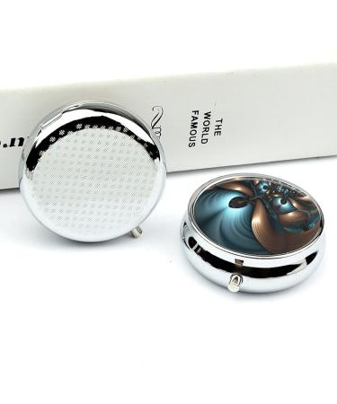 Decorative Round Pill Box - 3 Compartment Abstract Blue Brown Print | Portable Metal Pill Organizer for Travel - Buy Online on GoSupps.com