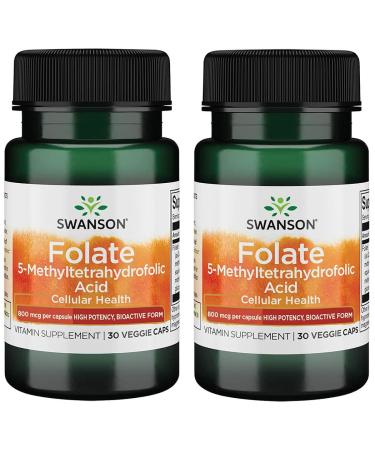 Swanson Folate 5-Methyltetrahydrofolic Acid - High Potency Bioactive Form 800 mcg Dfe 30 Veg Caps 2 Pack