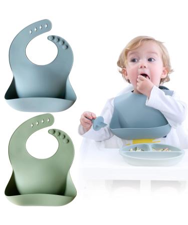 Moonkie Baby Bibs 2Pcs Silicone Feeding Bibs for Babies and Toddlers Waterproof weaning bib BPA Free Soft Adjustable Wide Food Crumb Catcher Pocket(Ether/Sage)