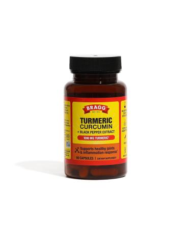 Bragg Turmeric Curcumin with BioPerine 1000mg Supplement - 95% Standardized Curcuminoids for High Absorption - Joint Support   Vegan   Non-GMO - Capsules with Black Pepper (60 Pills)