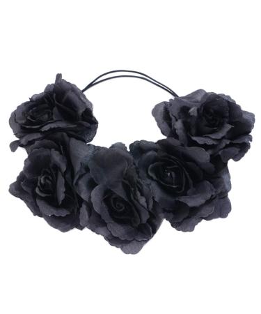 Gothic Black Rose Headband Adjustable Flower Garland Wreath Halloween Crown Headband (Black)