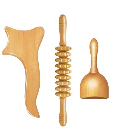 3 pieces of maderotherapy set massage roller wood anti-cellulite massage set lymphatic drainage massager Gua Sha massage device for neck legs back and body pain relief and relaxation - Buy Online on GoSupps.com