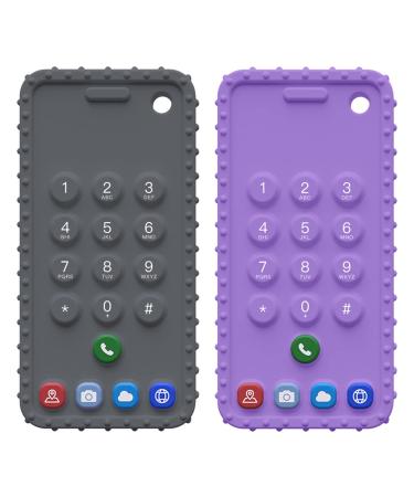 Silicone Baby Teething Toys Chew Toys for Babies Cellphone Shape Silicone Teething Toys for Babies 3-12 Months Soft-Textured BPA Free Baby Teething Toys(2 Pack/Gray+Purple) A Style