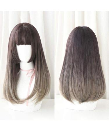Japanese Long Straight Lace Front Wigs with Air Bangs - 2 Tone Heat-Resistant Synthetic Hair for Cosplay - 20 Inches Honey Pudding Brown - Buy Online on GoSupps.com