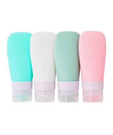 Silicone Travel Bottles Set - Leak Proof Cosmetic Toiletry Containers for Shampoo,Lotion Soap,Shampoo Liquids, Conditioner Travel Size Refillable Squeezable Portable Tubes, 4 Pack 2oz