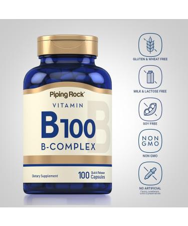Piping Rock Vitamin B-100 Complex | 100 Capsules | Vitamins B12 B1 B2 B6 | Non-GMO Gluten Free Supplement 100 Count (Pack of 1) - Buy Online on GoSupps.com