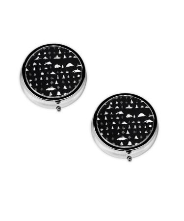 (Black & White Trees) Round Pill Box 3 Compartment Pill Box Mini Decorative Pocket Purse Portable Travel Medicine Tablet Vitamin Holder Organizer Pill Case