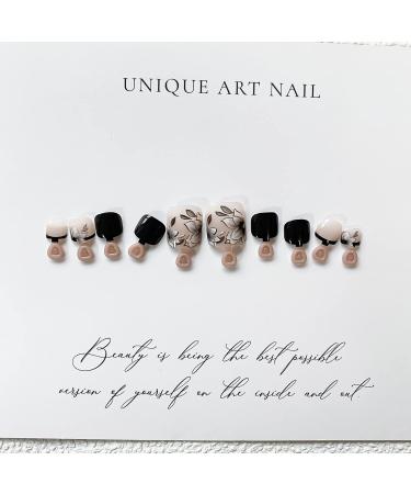 OLIUKJU French Tips Press on Toenails - Black and Nude Square Fake Nails with Flower Design - 24Pcs - Buy Online on GoSupps.com