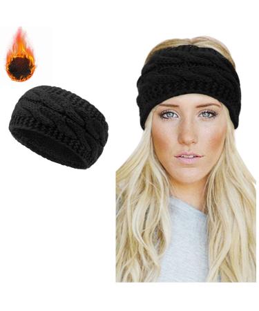 Winter Knitted Headband - Women Ear Warmer Chunky Crochet Braided Hair Band Wraps Turban Sports Yoga Hairband Fleece Lined Elastic Wide Headbands for Women UK (balck)