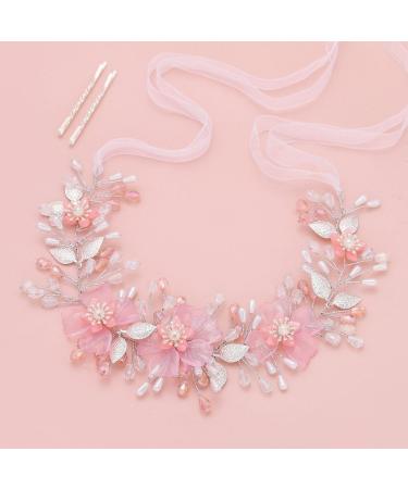 IYOU Flower Girl Headband Pink Floral Headpiece Pearl Leafs Commmunion Hair Vines Bridal Wedding Hair Accessories for Girls - Buy Online on GoSupps.com