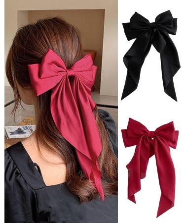 ZEVONDA Pack of 2 Big Bow Hair Clips - Solid Color Large Bowknot Hairpin Hair Clip with Long Silky Satin Tail Hair Barrettes Accessories for Girls Women Black + Red Black + Red (2PCS) - Buy Online on GoSupps.com