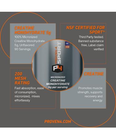 Proven4 Creatine Monohydrate NSF Certified for Sport 5g Micronized Powder for Muscle Strength & Brain Energy, Performance & Recovery from Exercise Unflavored 16 Oz 90 Servings - Buy Online on GoSupps.com