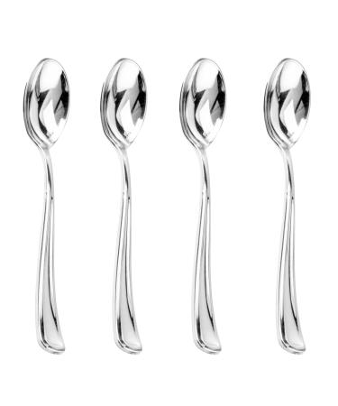 Liacere 200PCS Silver Plastic Spoons - Heavy Duty Silver Disposable Spoons - Silver dessert Spoons for Wedding & Party Silver 6.7inch Spoons