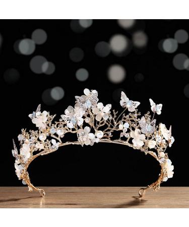 Kisshine Bride Wedding Flower Crowns and Tiaras Bridal Butterfly Tiara Baroque Queen Crown Crystal Costume Party Hair Accessories for Women and Girls