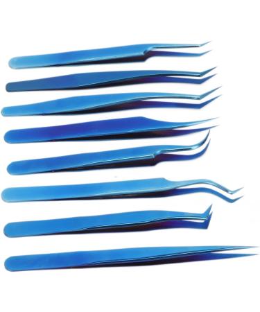 8-Piece Stainless Steel Eyelash Tweezers Set - Fine Tip Ergonomic Blue Titanium Eye Makeup Tools for Women - Portable & Durable - Buy Online on GoSupps.com