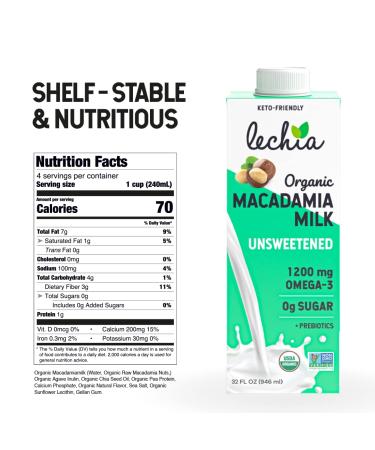 Lechia Organic Macadamia Milk Unsweetened 32oz (6 Pack) - Vegan, Non-Dairy, Gluten-Free, Keto, Omega-3, Plant-Based - Buy Online on GoSupps.com