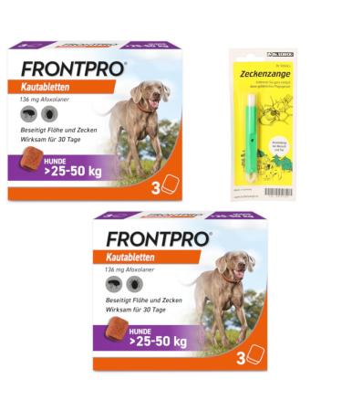 FRONTPRO Chewable Tablets for Dogs 25-50 kg 6-month set for protection against ticks and fleas with tick tweezers: Protects for up to 6 months