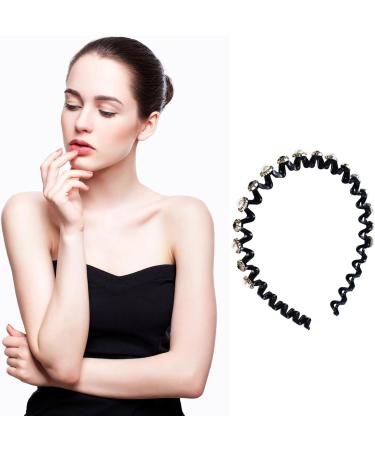 Faux Pearl and Rhinestone Headband Wavy Plastic Hairband Stretchy Beaded Hair Hoops for Women Girls Hair Styling Accessories - Buy Online on GoSupps.com