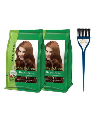 Prem Dulhan Hair Henna Natural Henna Based Hair Color (Natural Brown) - Pack of 2 (125g each) with Hair Brush by Behal International
