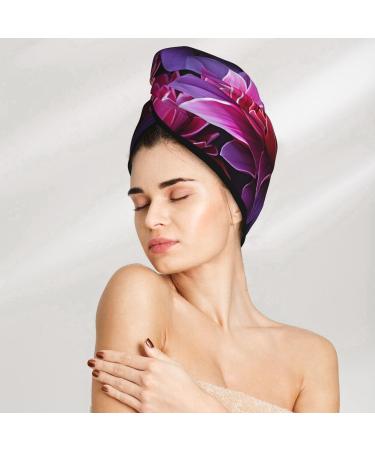 Flower Leaves Purple Red Flower Print Dry Hair Cap for Women Coral Velvet Hair Towel Wrap Absorbent Hair Drying Towel with Button Quick Dry Hair Turban for Travel Shower Gym Salons - Buy Online on GoSupps.com