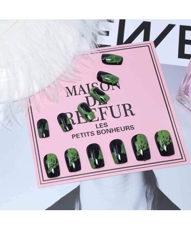 Tseenyi Long Coffin Press On Nails - Black & Green Shiny Full Cover Acrylic Fake Nails for Women & Girls | 24 Pcs Fashion Artificial Nails - Buy Online on GoSupps.com