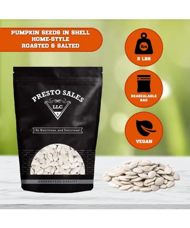 Pumpkin Seeds - Home-style In Shell Roasted Salted - 3 lbs. Resealable Bag by Presto Sales LLC | Crunchy & Delicious - Oil Free Snack - Buy Online on GoSupps.com
