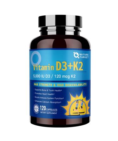 NATURE TARGET Vitamin D3 K2 with Calcium & Magnesium - 6-in-1 Complex - Max Strength for Bone, Heart & Immune - 5000 IU Vitamin D3, 120 mcg K2, Gluten-Free, 120 Servings 120 Count (Pack of 1)