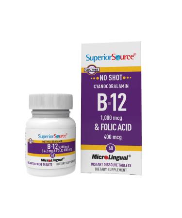 Superior Source No Shot Vitamin B12 Methylcobalamin (5000 mcg) B6 Folic Acid Quick Dissolve Sublingual Tablets 60 Ct Increase Energy Healthy Heart Boost Metabolism Stress Support Non-GMO