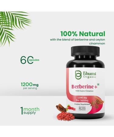 Bhumi Organic Berberine Supplement -1200mg with Ceylon Cinnamon for Men & Women for Health Support Vegan & Gluten-Free 60 Capsules (30 Days of Supply) - Buy Online on GoSupps.com