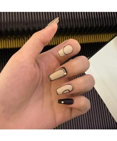 Sethexy French matt false fingernails ballerina black nails stick coffin false nails pearl nails with glue 24st acrylic art nail tips to press on for women and girls