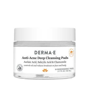 DERMA E Anti-Acne Deep Cleansing Acne Pads 50 Exfoliating Face Wipes with Azelaic Acid Salicylic Acid & Chamomile Acne Treatment for Face & Body Helps Fight Breakouts & Blemishes