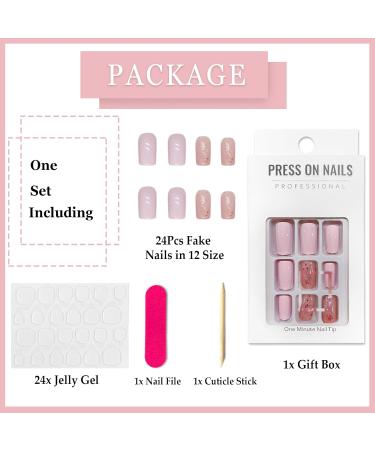 24Pcs Pink Glitter French Tips Press On Nails - Elegant Short Square False Nails for Women & Girls | Reusable Artificial Stick On Nails - Nail Art Accessory - Buy Online on GoSupps.com