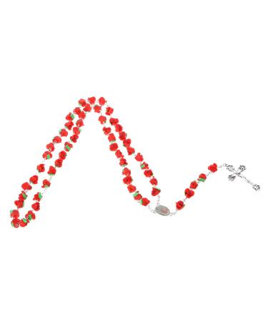 Oralgos rosary pearls Catholic rosary necklace rose flower prayer cross crucifix supporter vintage religious jewelry for women and girls polymer tone alloy