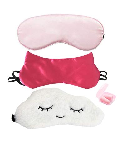 HappyDaily Beautiful and Comfortable Sleep Masks with Boxed Ear Plug - Set of 3 (Pink Silk/Rose Red Cat/White Cloud)
