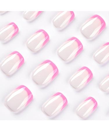 French Press On Square Fake Nails - 24Pcs Pink French False Nails with Nail Glue for Women Girls Art - Buy Online on GoSupps.com