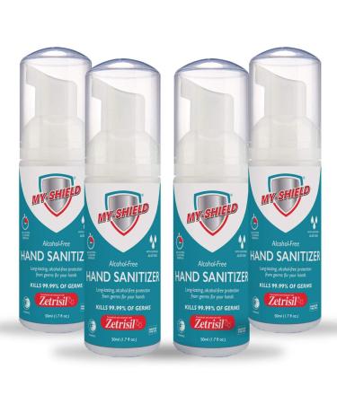 My-Shield Hand Sanitizer Foam 1.7 oz (4 pack). Long-lasting protection. Softens hands with Aloe Vera. Formulated with Zetrisil. Alcohol FREE.