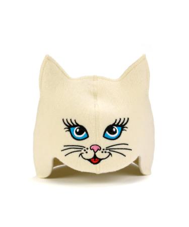 Natural textile saunahut 'sauna kitten cat' white - 100% organic wool felt hats - protect your head from heat - English sauna e -book manual inclusive - with embroidery sauna kitten blue