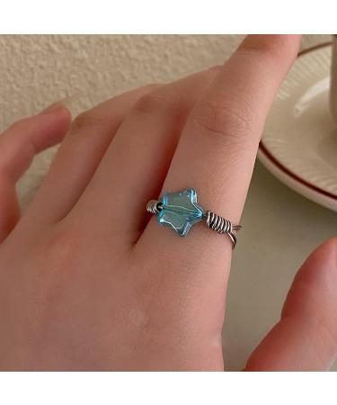 Sakeiou Harajuku Blauer Kristall Stern Pentagram Ring - Aesthetic Adjustable Women's Fashion Jewelry - Buy Online on GoSupps.com