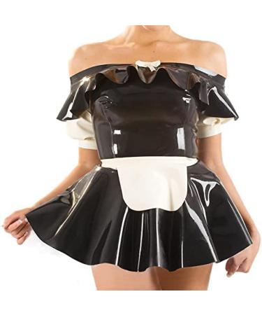 Latex dress with cuffs apron zipper on the back top of the tube grinding rubber uniform figure -hugging game suit trans rose red with white l