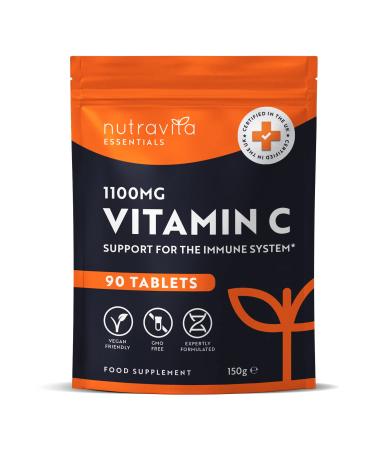 Vitamin C Tablets 1100mg 90 Premium Vegan and Vegetarian Tablets 3 Month Supply High Strength Ascorbic Acid for Normal Function of The Immune System Made in The UK by Nutravita - Buy Online on GoSupps.com