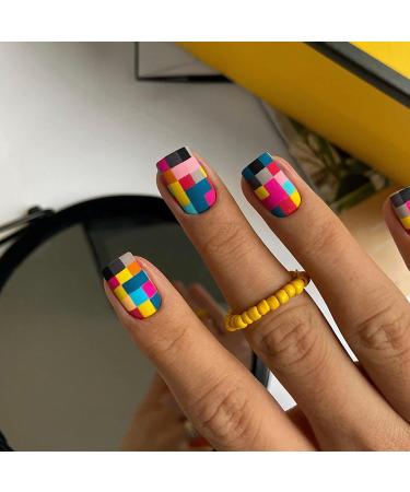 Short Press on Nails  Full Cover Square Shaped False Nails with Designs Matte Glue on Nails Colorful Press on Nails Square Artificial Fake Nails for Women Girls Manicure Decorations 24Pcs style1