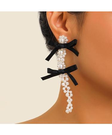 Feyley Earrings - Elegant Bow Pearl Charm Tassel Jewelry for Women & Girls | Perfect Gift in Black - Buy Online on GoSupps.com