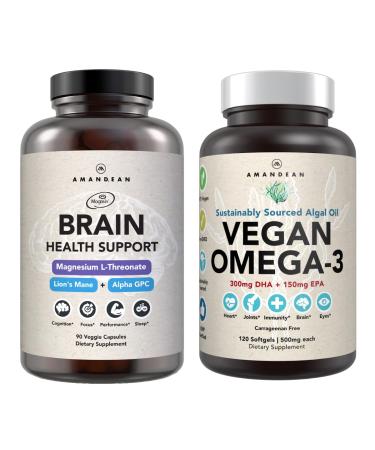 AMANDEAN Brain & Vegan Omega-3 Bundle: Magnesium Threonate USA-Grown Lion s Mane 6:1 Alpha-GPC & Algae DHA/EPA. Plant-Based Essential fats for Brain Eye Heart & Skin Health. Fish Oil Alternative.