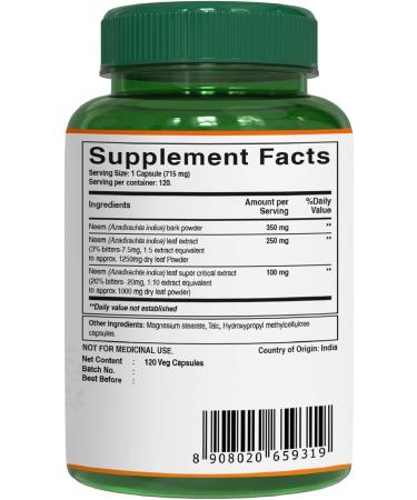 Buy Pure Nutrition Neem Capsules 700mg - Non-GMO 120 Days Supply Equivalent to 2600mg Neem Leaf & Bark Powder Once Daily International Shipping Available - Buy Online on GoSupps.com