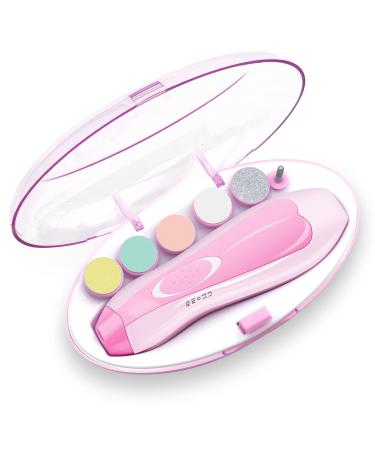 Baby Nail File Electric Baby Nail Trimmer with LED Front Light Safe and Quiet Baby Nail Clipper with 6 Grinding Heads for Newborn Infant Toddler Kids or Women (Rose)
