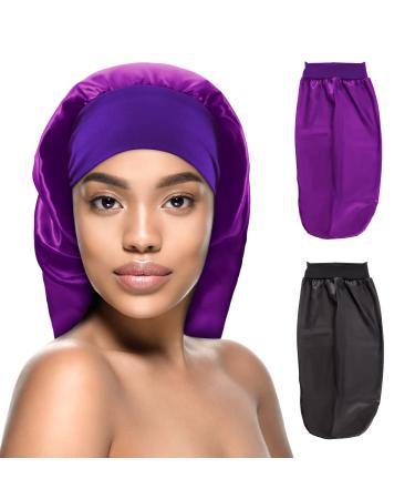 Kenllas Long Satin Sleep Bonnet -Extra Large Night Cap for Women with Long Curly Dreadlock Braid Hair (Black & Purple)