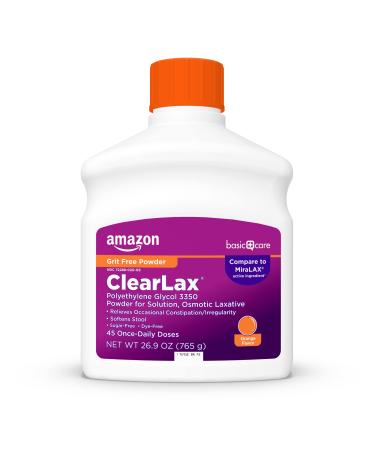 Amazon Basic Care ClearLax, Laxative Powder for Gentle Constipation Relief, Softens Stool, Polyethylene Glycol 3350, Orange Flavor, 1.68 pound (Pack of 1)