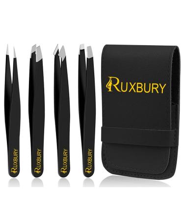 Ruxbury 4pcs eyebrow tweezers for women & men professional sharp tweezers for ingrown hair removal black color coated precision tweezers set with leather pouch
