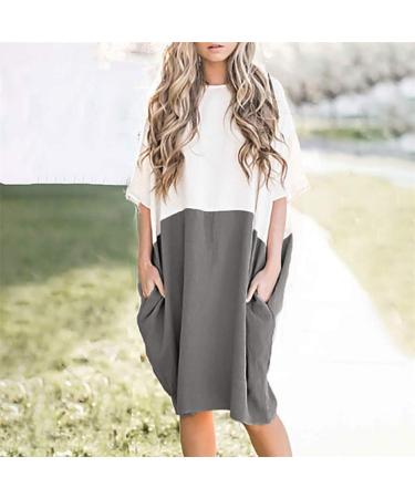 Quealent Women's Baggy House Dress Plus Size with Pockets | O-Neck Short Sleeves Casual Loose Cotton Vintage Dress in Gray - Buy Online on GoSupps.com